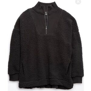 Aerie Dream Sherpa Qtr Zip Sweatshirt Size M Oversized fit, Black/charcoal NWOT